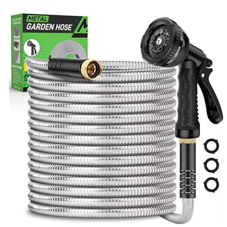 Keboe 50 ft Heavy Duty Stainless Steel Garden Hose with 10-Function Nozzle